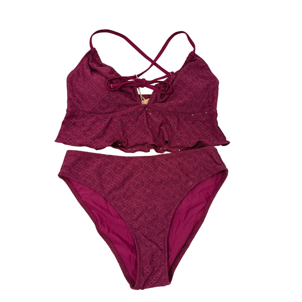 Berlook Burgundy Eyelet Ruffle Bikini Set High Waisted Two Piece Swimsuit NWT L